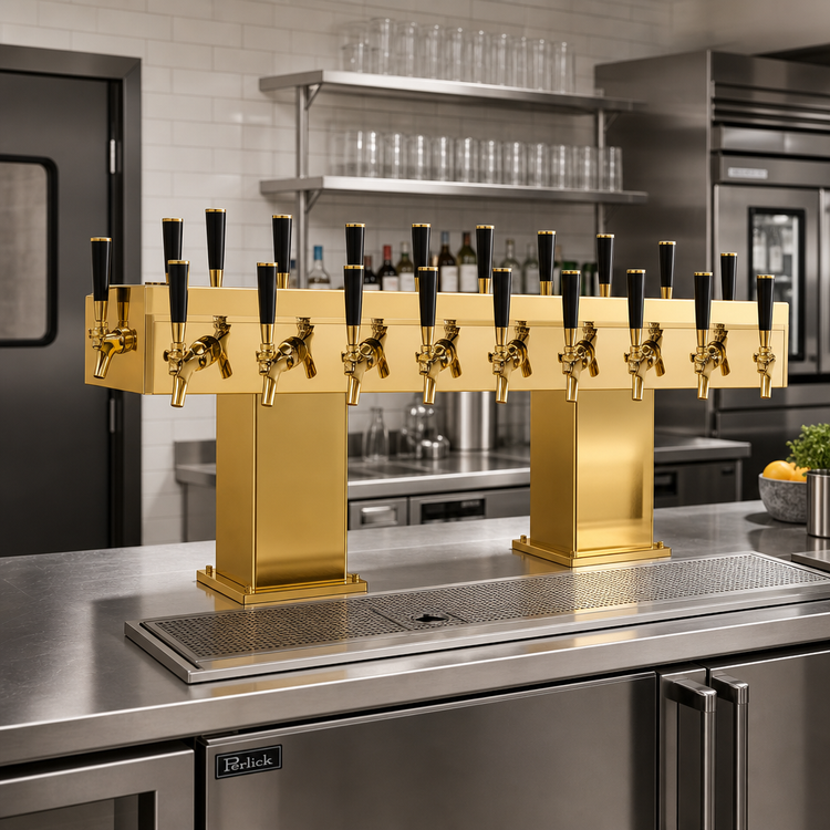 Product image #2 for Perlick Back-to-Back Bridge Tee Draft Beer Tower, Countertop, Extra High, 32 Faucet Capacity, Glycol-Cooled, Brass Finish