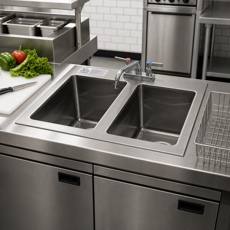 Product image #2 for Advance Tabco Special Value Series 2-Compartment Drop-In Sink, 10 x 14 x 10-Inch Bowls, with Faucet and Basket Drain