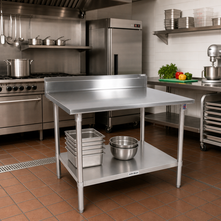 Product image #2 for John Boos Stallion 30 Inch x 24 Inch 14 Gauge Stainless Steel Work Table with 5 Inch Backsplash and Adjustable Undershelf