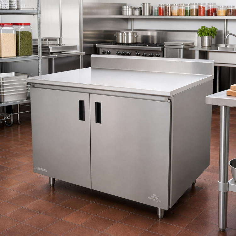 Product image #2 for Advance Tabco Special Value Series 60" x 30" Enclosed Work Table with Cabinet Base, Mid-Shelf and Hinged Doors