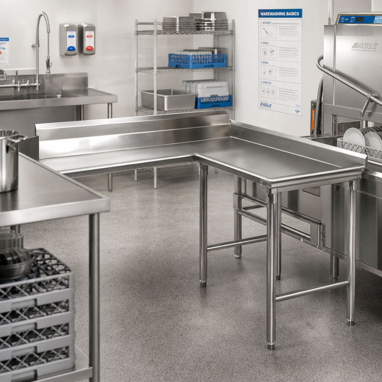 Product image #2 for Eagle Group 96-Inch Right-Hand Island Clean Dishtable, 30-Inch Deep, 16-Gauge 304 Stainless Steel
