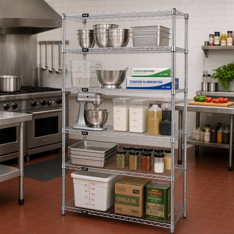Product image #2 for Quantum Stationary Chrome Wire Shelving Starter Kit, 36 in. W x 30 in. D x 86 in. H, 5 Shelves