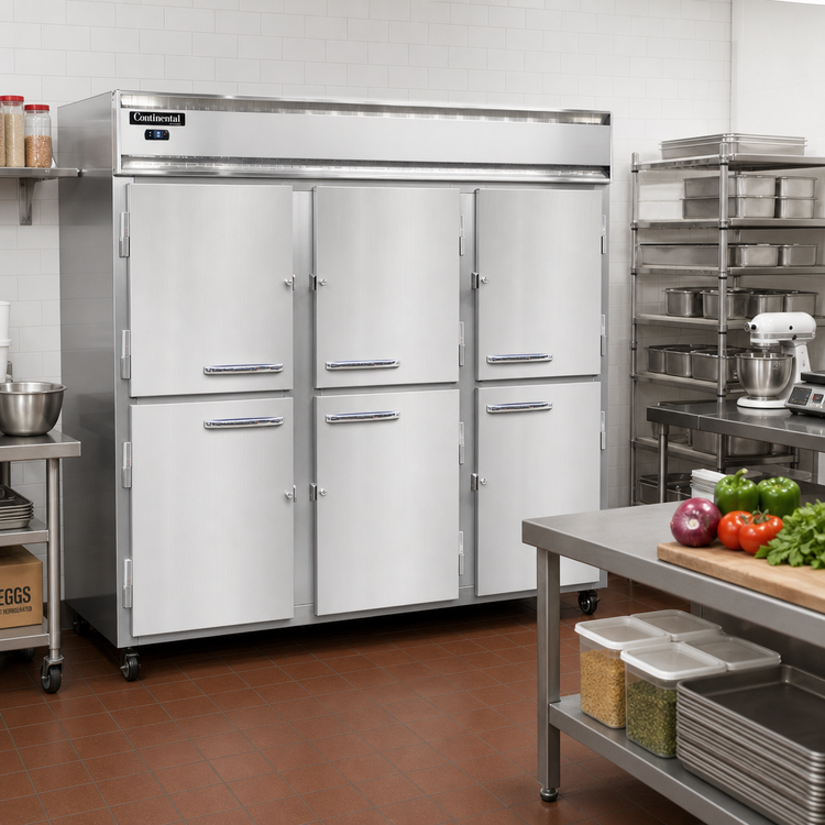 Product image #2 for Continental Refrigerator 3FESNHD Three-Section Extra-Wide Shallow Depth Reach-In Freezer with Half-Height Solid Doors