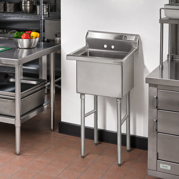Product image #2 for Advance Tabco Special Value Series 1-Compartment Fabricated Sink with Legs, 16-Gauge 304 Stainless Steel, 16" x 20" Bowl, No Drainboards
