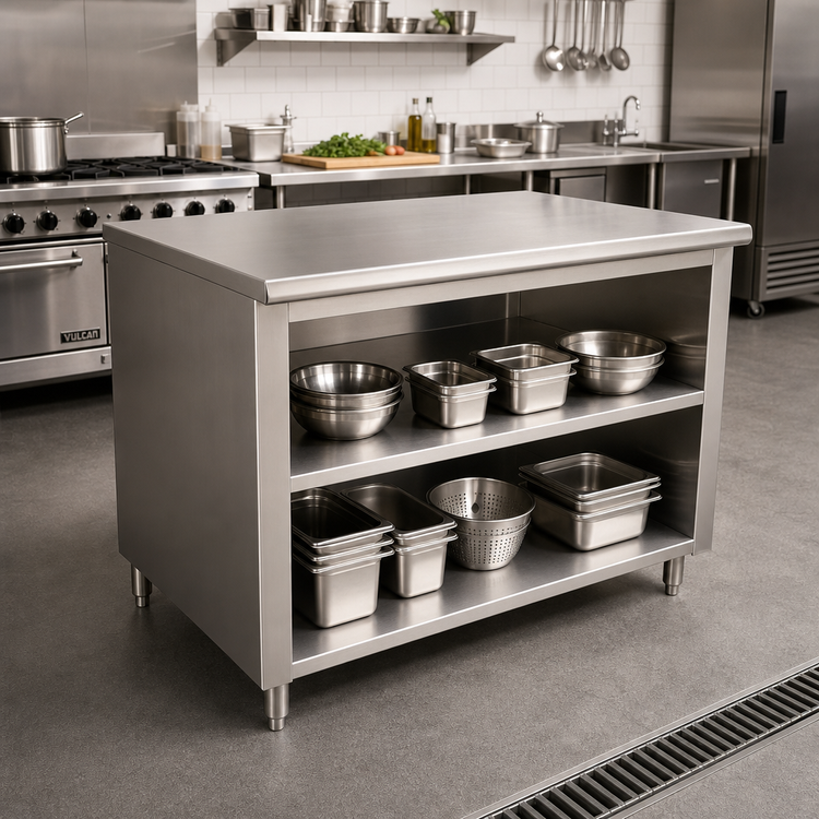 Product image #2 for Advance Tabco Open Front Cabinet Base Work Table with Mid-Shelf, 60 x 36 Inches, 14 Gauge 304 Stainless Steel Top