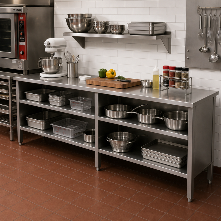 Product image #2 for John Boos EBOS6-24132 Enclosed Base Work Table with Open Front, 132 Inch x 24 Inch, 16 Gauge Stainless Steel Top