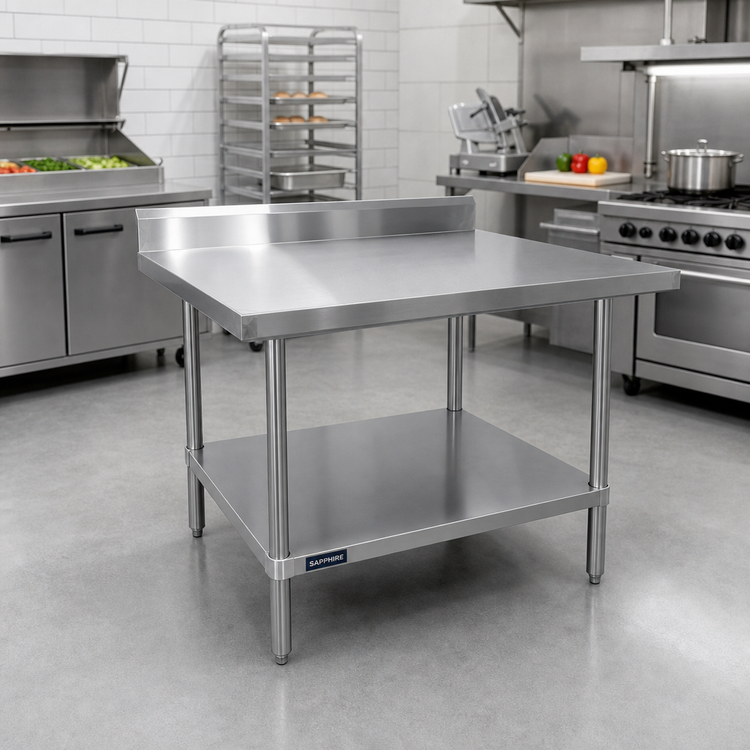 Product image #2 for Sapphire 48 Inch x 30 Inch 18/430 Stainless Steel Work Table with 5 Inch Backsplash and Undershelf