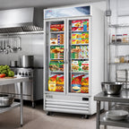 Thumbnail image #2 for Everest Refrigeration EMGF36 36 Cu. Ft. Two-Section Glass Door Merchandiser Freezer, Hinged Self-Closing Locking Doors, Bottom-Mount Refrigeration