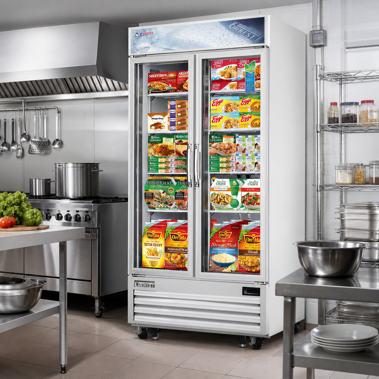 Product image #2 for Everest Refrigeration EMGF36 Two-Section Reach-In Glass Door Merchandiser Freezer, 41 Inch Wide, Bottom-Mount Self-Contained, R290