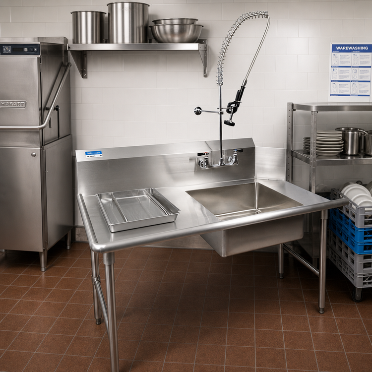 Product image #2 for BK Resources 72 Inch Straight Left-to-Right Soiled Dish Table with 20 x 20 x 8 Inch Pre-Rinse Sink and Faucet