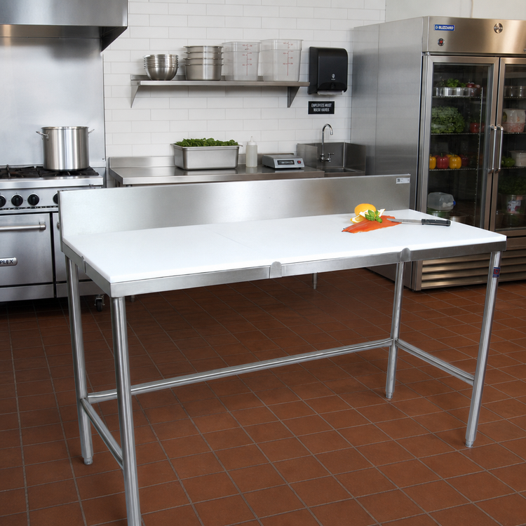 Product image #2 for John Boos 120-Inch x 24-Inch Trimming Table with 3/4-Inch Reversible Poly Top and 6-Inch Removable Backsplash