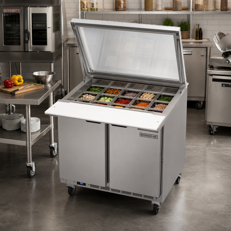 Product image #2 for Beverage-Air Mega Top Two-Section Refrigerated Prep Table with See-Thru Lids, 36-Inch Wide, 15-Pan Capacity