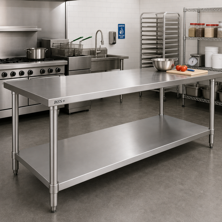 Product image #2 for John Boos 120"W x 24"D 18-Gauge 300 Series Stainless Steel Work Table Undershelf