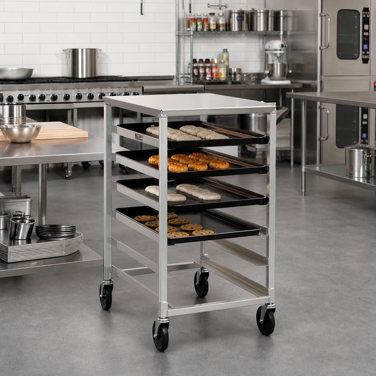 Product image #2 for New Age Mobile Half-Size Open-Side Aluminum Pan Rack with Stainless Steel Top, 6-Pan Capacity