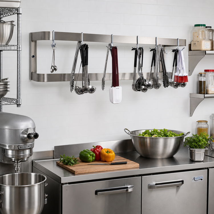 Product image #2 for Advance Tabco SW-24 24 Inch Wall-Mounted Double-Bar Stainless Steel Pot Rack with 12 Plated Double Hooks