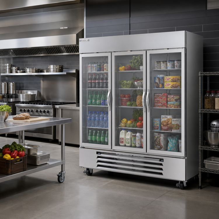 Product image #3 for Beverage Air Horizon Series Dual Temperature 3-Section Glass Door Reach-In Refrigerator/Freezer, Bottom-Mount, Self-Contained