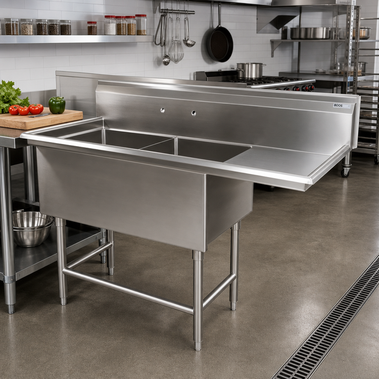 Product image #2 for John Boos Pro-Bowl 2-Compartment 14-Gauge 300 Series Stainless Steel Sink with 24-Inch Right Drainboard, 16 x 20 x 12-Inch Bowls