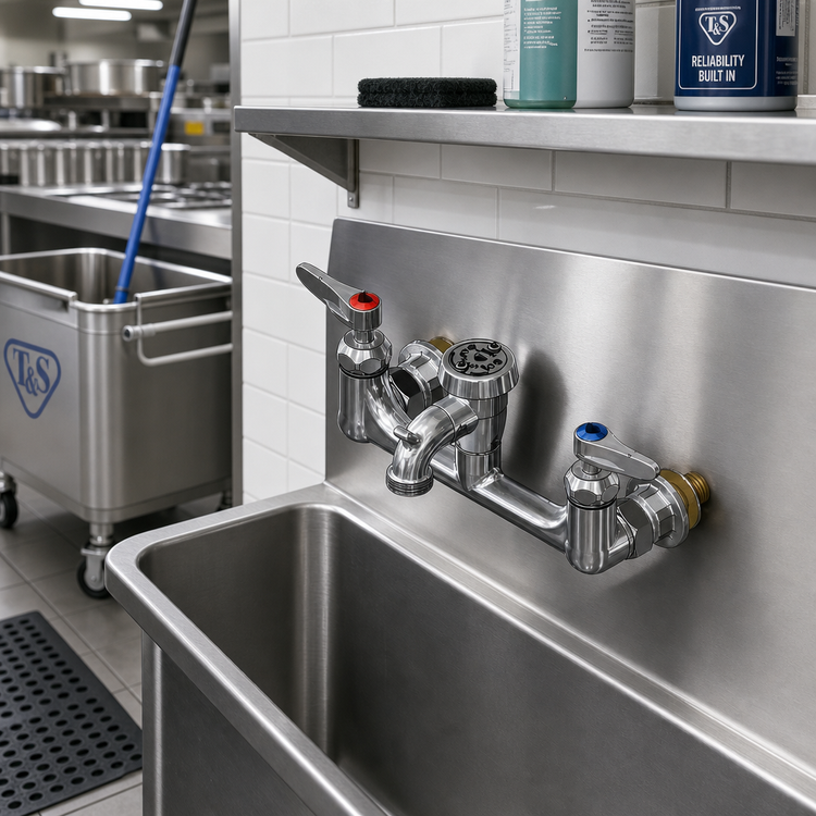 Product image #2 for T&S Brass B-2271-CR Wall-Mount Service Sink / Mop Sink Faucet with Vacuum Breaker Spout, Pail Hook, and Quick-Disconnect Hose Outlet