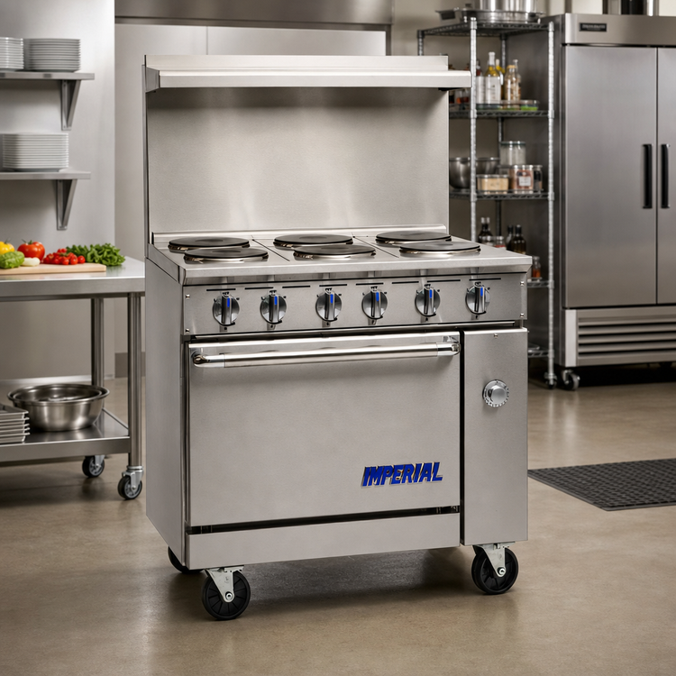 Product image #2 for Imperial Pro Series 36-Inch Electric Restaurant Range with 6 Round Elements, Solid Top, and Convection Oven
