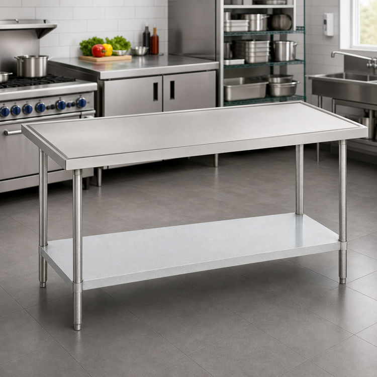 Product image #2 for Advance Tabco 60-Inch x 24-Inch 14-Gauge 304 Stainless Steel Flat Top Work Table with Countertop Edge and Galvanized Undershelf