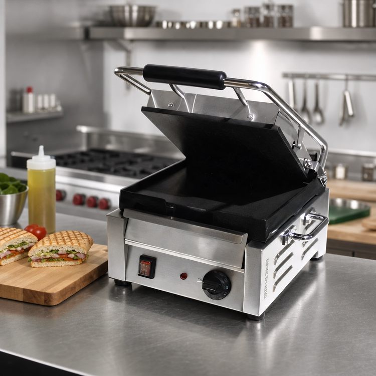 Product image #2 for Omcan USA Commercial Single Countertop Panini Grill with 10" x 11" Smooth Cast Iron Plates