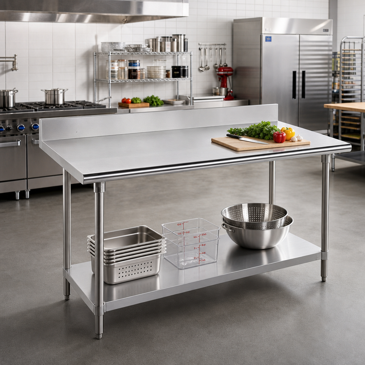 Product image #2 for Advance Tabco 120" x 24" 14 Gauge 304 Stainless Steel Work Table with 5" Backsplash and Adjustable Undershelf