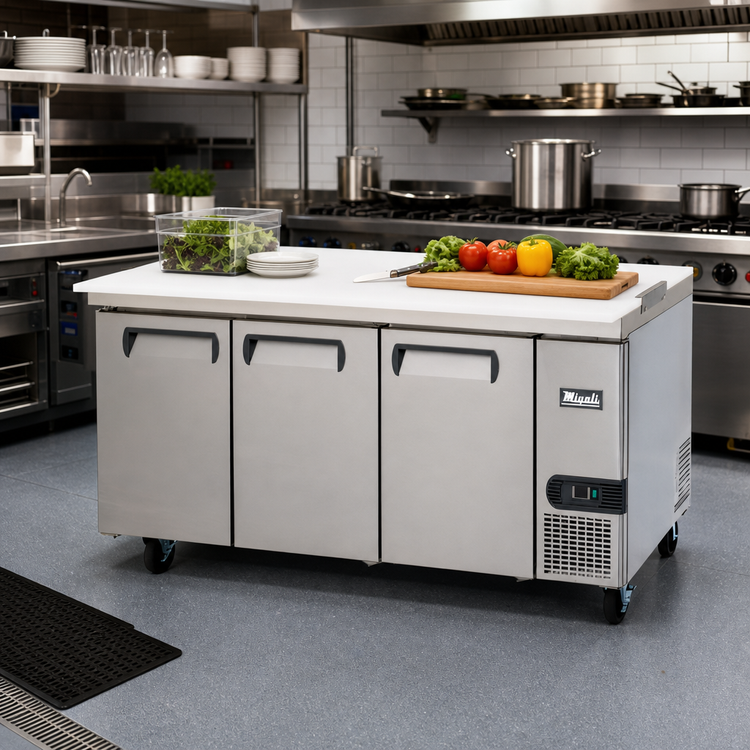 Product image #2 for Migali Competitor Series® Three-Section Worktop Refrigerator, 93-Inch, Solid Door, Side-Mount Self-Contained Refrigeration
