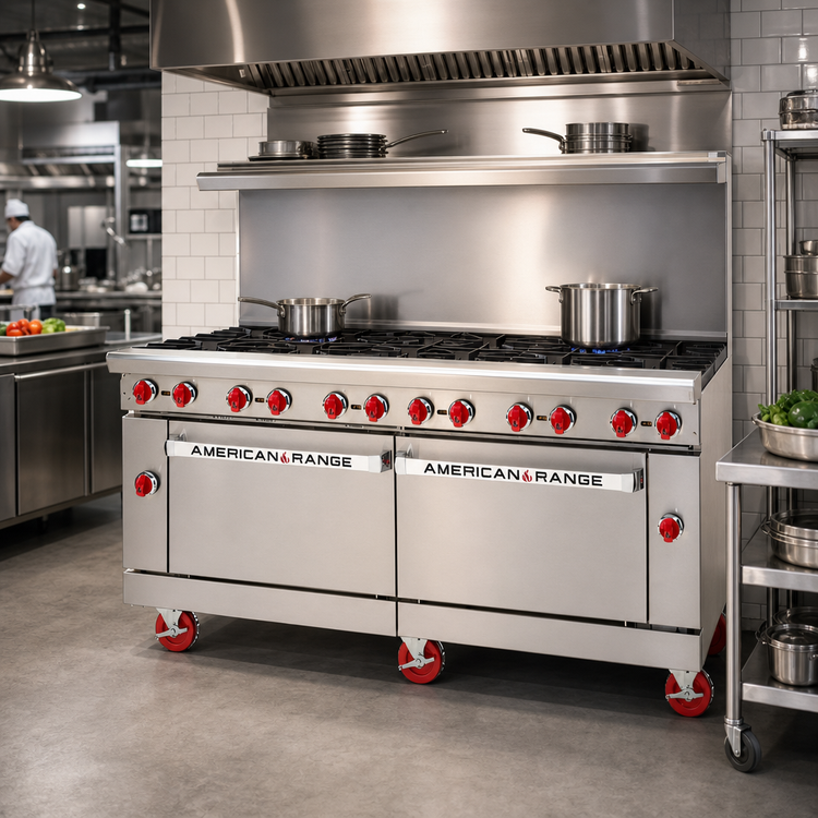 Product image #2 for American Range 72-Inch Gas Restaurant Range with 12 Open Burners, Left Convection Oven and Right Standard Oven