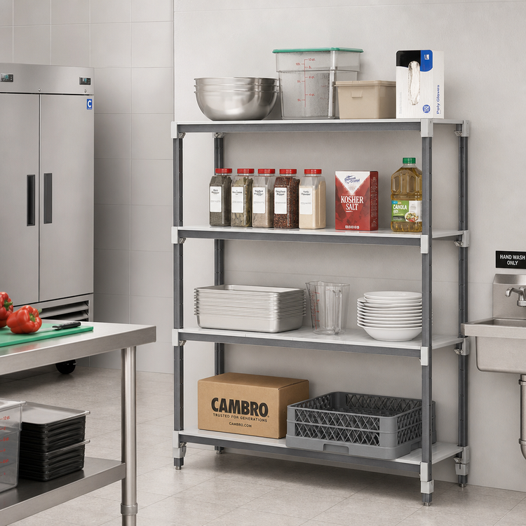 Product image #2 for Cambro Camshelving Elements XTRA 4-Tier Solid Stationary Add-On Shelving Unit, 18 x 24 x 84 Inches, Speckled Gray