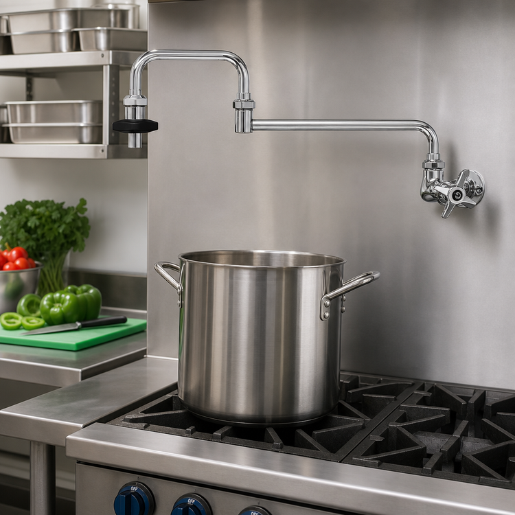 Product image #2 for T&S Brass 18-Inch Splash-Mounted Double-Jointed Pot Filler Faucet with Single-Control Four-Arm Handle, Chrome-Plated