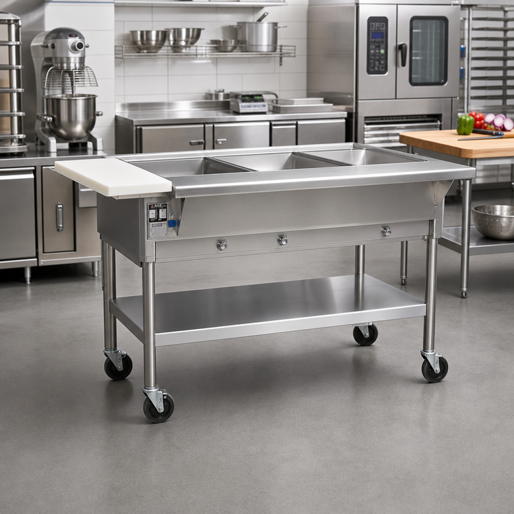 Product image #2 for Eagle Group Portable Electric Hot Food Table with 2 Dry Wells and Cutting Board, 36-Inch, Open Shelf Base, 240V, 3-Phase