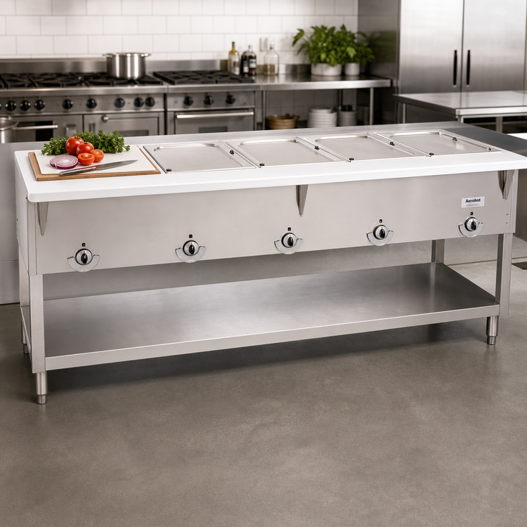 Product image #2 for Aerohot Electric 5-Well Sealed Hot Food Station with Open Base and Poly Carving Board