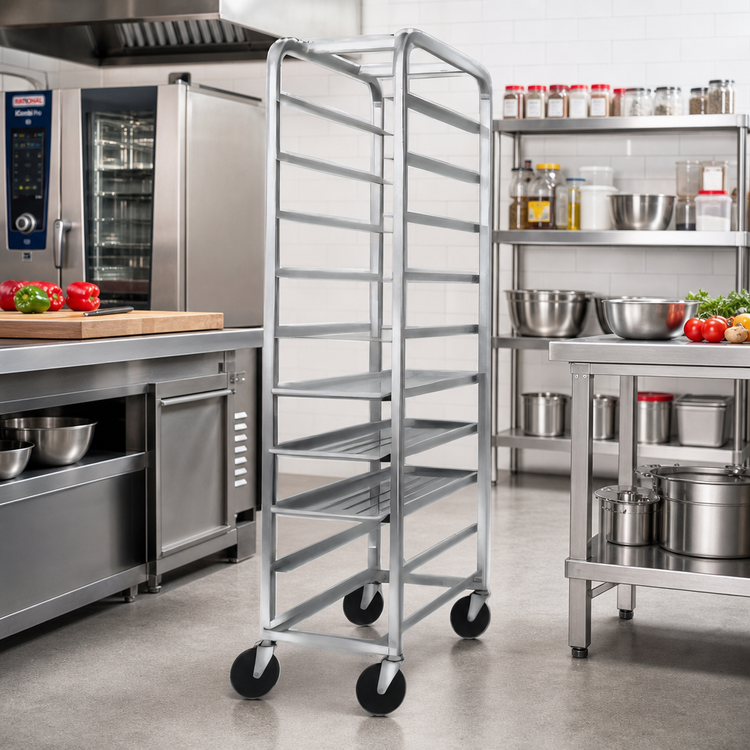 Product image #2 for Stainless Steel End-Load Platter Rack with 5-Inch Swivel Stem Casters, 11-Platter Capacity, 12.5 x 26 x 64 Inches