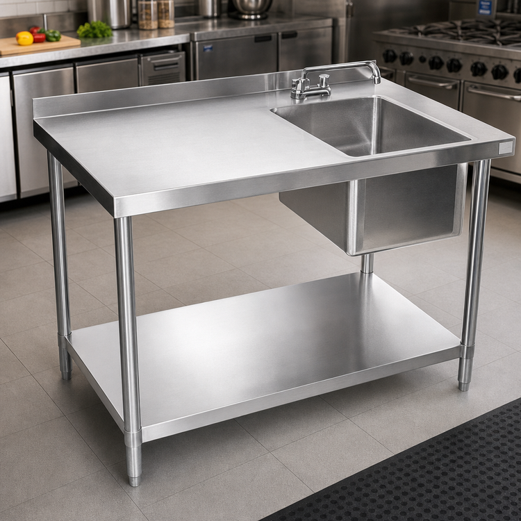 Product image #2 for 60 Inch x 24 Inch Right-Side Prep Sink Work Table with 18/304 Stainless Steel Top and Undershelf