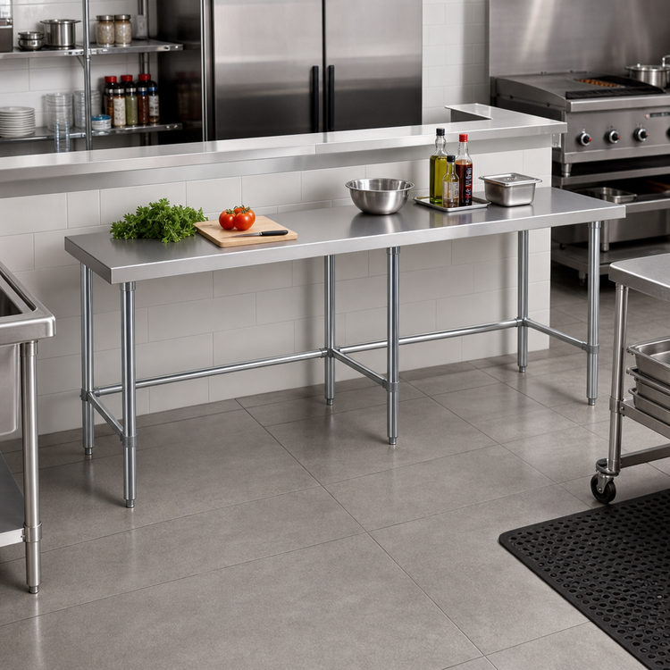 Product image #2 for Sapphire 108-Inch x 14-Inch 18-Gauge 430 Stainless Steel Flat Top Underbar Work Table with Open Base and Galvanized Legs