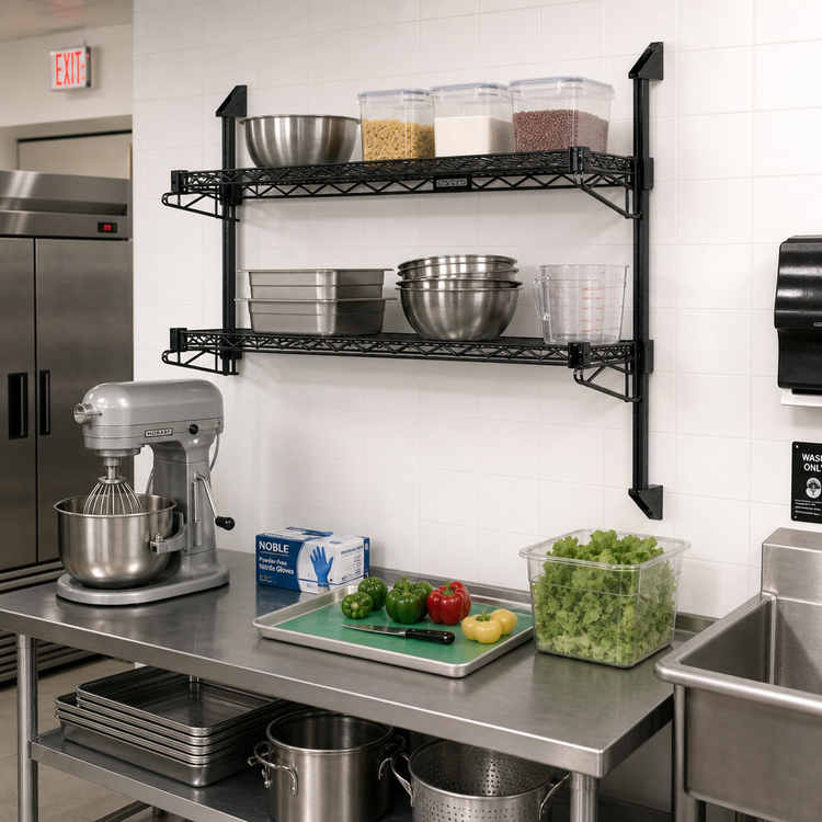 Product image #2 for Wall-Mount Cantilever Double Shelf Wire Shelving Unit, 60 x 21 Inches, Black Epoxy Antimicrobial Finish