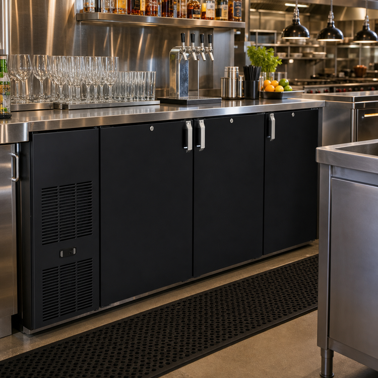 Product image #2 for Glastender C1FB72 One-Zone Front-Serviced Bar Profile Back Bar Cooler, 72 Inch, Three-Section, Self-Contained, Stainless Top, Black Exterior