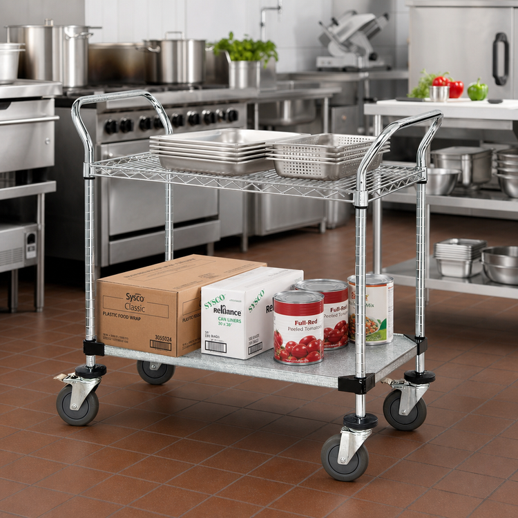 Product image #2 for Quantum Chrome-Plated Wire and Galvanized Solid Shelf Utility Bus Cart, 36 x 24 x 37-1/2 Inches