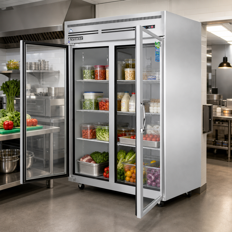 Product image #2 for Everest Refrigeration 49-5/8-Inch Wide Two-Section Pass-Thru Reach-In Refrigerator, 48 Cu. Ft., Stainless Steel, Glass Front/Solid Rear Doors