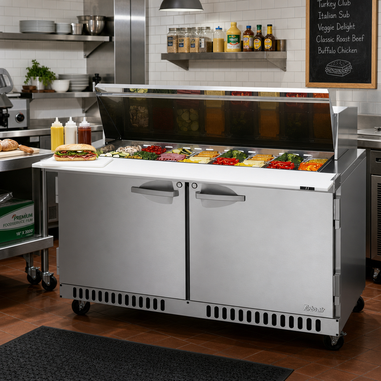 Product image #2 for Turbo Air PRO Series 60-Inch Front Breathing Mega Top Refrigerated Sandwich/Salad Prep Table, 2 Doors, 24-Pan Opening