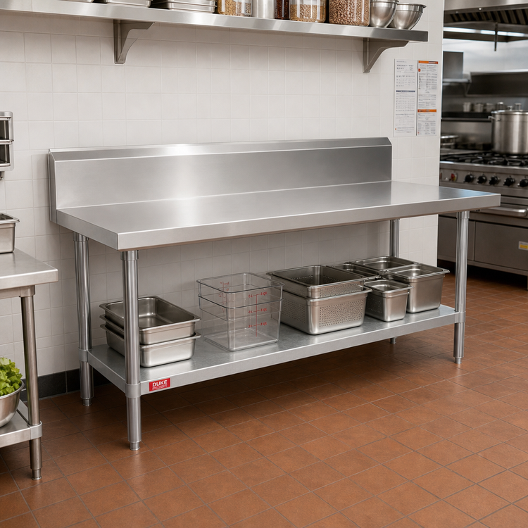 Product image #2 for Duke 108-Inch x 24-Inch Stainless Steel Underbar Work Table with 10-Inch Riser and Galvanized Undershelf