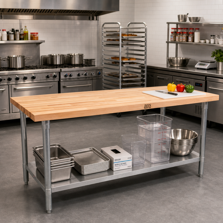 Product image #2 for John Boos Northern Hard Rock Maple Wood Top Work Table with Adjustable Undershelf, 96 x 24 Inches