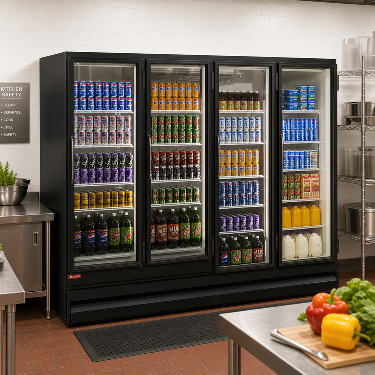 Product image #2 for Howard-McCray Four-Section Glass Door Refrigerator Merchandiser, 102 Cu. Ft., Bottom-Mount Self-Contained, Black