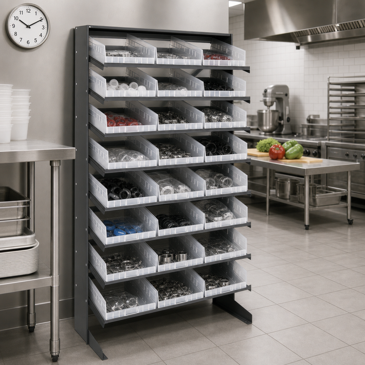 Product image #2 for Quantum Sloped Single-Sided Pick Rack with 8 Shelves and 24 Clear Bins