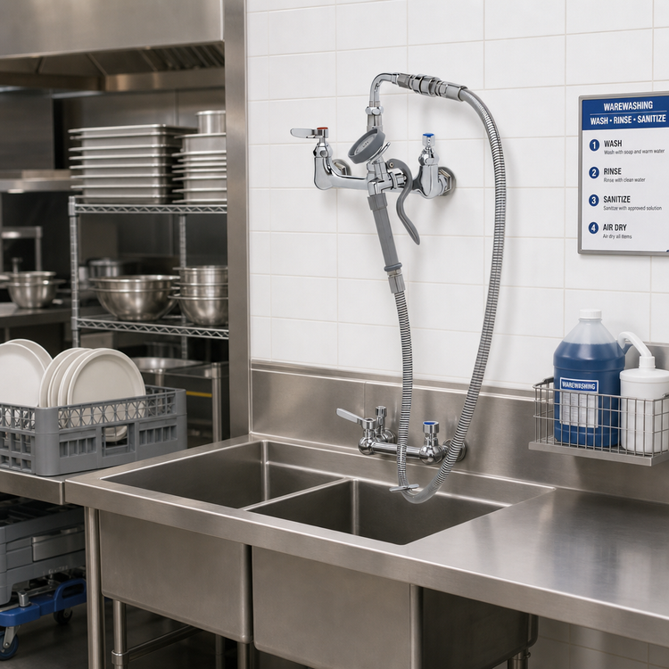 Product image #2 for T&S Brass B-0167-01 Wall-Mount Pre-Rinse Mixing Faucet with 54" Hose, 8" Adjustable Centers, and 1.15 GPM Angled Spray Valve