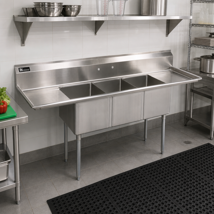 Product image #2 for BK Resources 75-Inch Three-Compartment Sink with Left and Right Drainboards, 15 x 15 x 14 Inch Bowls, 9-Inch Backsplash, 18 Gauge 304 Stainless Steel