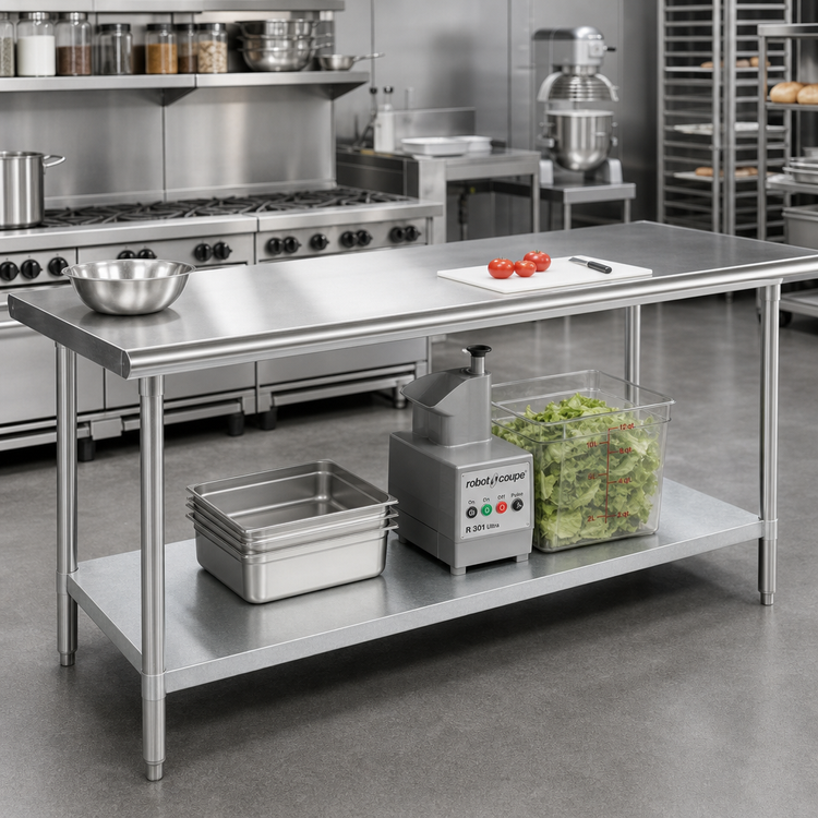 Product image #2 for Advance Tabco 144"W x 36"D 14-Gauge 304 Stainless Steel Flat Top Work Table with Adjustable Galvanized Undershelf and Legs