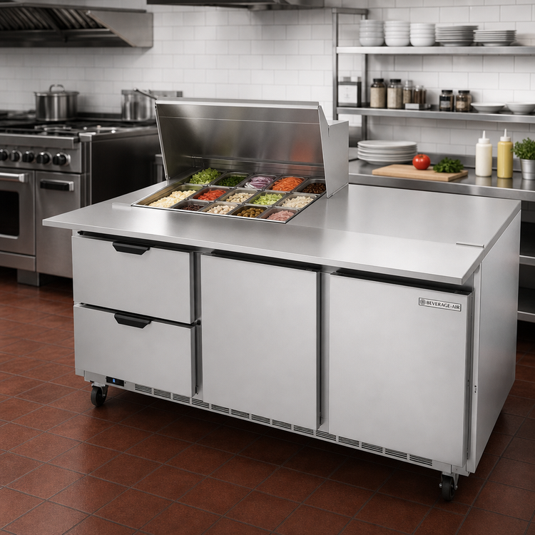 Product image #3 for Beverage-Air SPED72HC-12M-2 72-Inch Three-Section Mega Top Sandwich Prep Table with 2 Drawers, 2 Doors and 12 Pan Openings