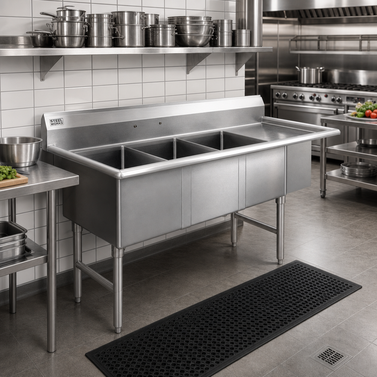 Product image #2 for Steel Works Stainless 74.5-Inch 3-Compartment 18-Gauge 304 Stainless Steel Sink with 24-Inch Right Drainboard