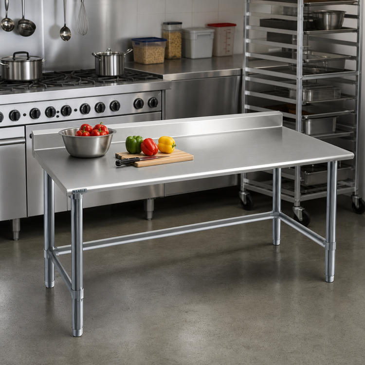Product image #2 for Eagle Budget Series 72 Inch x 24 Inch 430 Stainless Steel Work Table with 4-1/2 Inch Backsplash, Rolled Front Edge, and Tubular Base